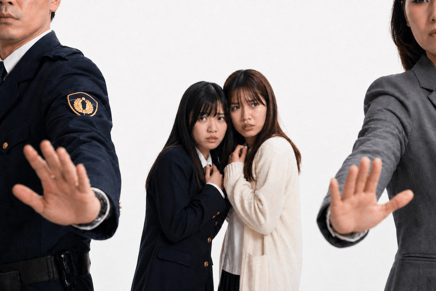 被害女性たちを庇う手