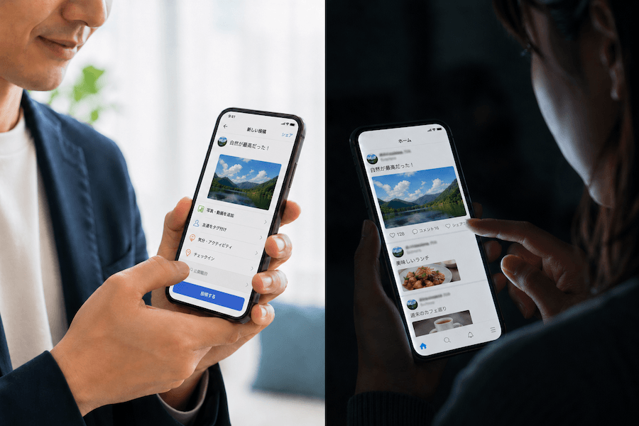 SNSに投稿する男性と監視する女性