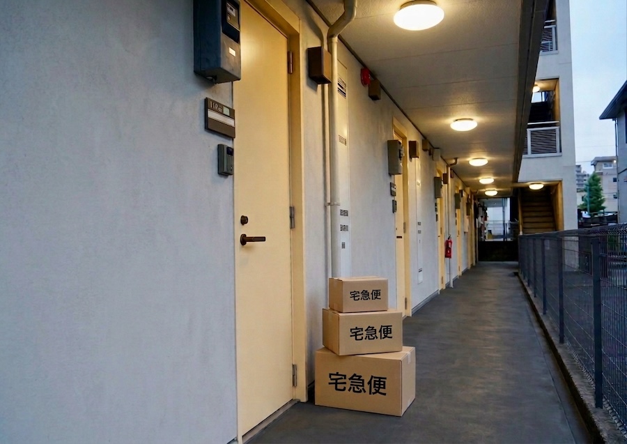 集合住宅の廊下、置き配が積み上がっている
