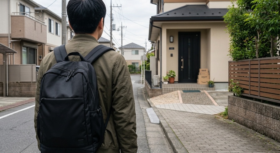 玄関先の置き配を見ている男性の後ろ姿